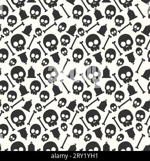Halloween pattern with black and white halloween skull tombstone and bones Stock Vector