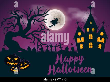 Happy halloween moon night background with purple violet fog pumpkin and dark hunted castle Stock Vector