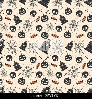 Halloween black and white pattern background with spiderwebs tombstones and halloween candy Stock Vector