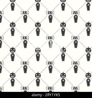 Happy halloween dark seamless pattern with halloween candy skull and witch hat Stock Vector