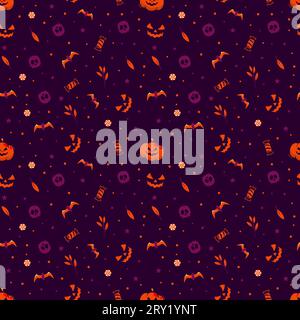 Dark background Halloween pattern with pumpkin skull and bats for wrapping paper. Stock Vector