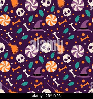 Halloween pattern background with halloween skull and candy on dark background Stock Vector