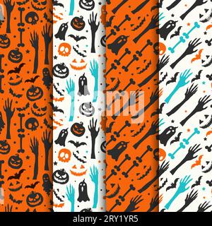 Halloween seamless patterns collection. Halloween pattern with pumpkins flying bats scary face ghost and skulls Stock Vector