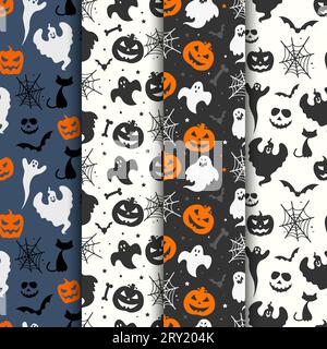 Halloween seamless patterns background collection illustration with ghosts cats bats pumpkins and spiderwebs Stock Vector