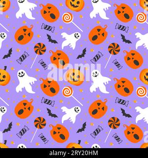 Halloween seamless pattern illustration with pumpkins and halloween ghosts Stock Vector