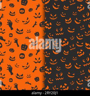 Halloween seamless patters collection with pumpkin skull scary face ghost hand and ghost face Stock Vector