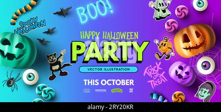 Happy Halloween party decorations and spooky objects. Vector illustration Stock Vector