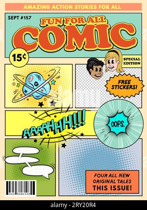 Vintage comic adventure magazine cover mockup design. Vector illustration Stock Vector