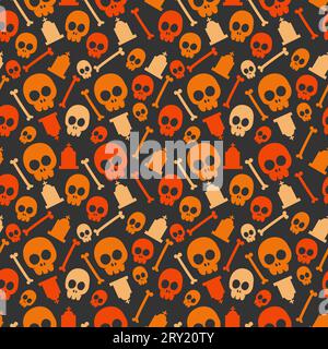 Halloween pattern with halloween skull tombstone and bones in different colors on dark background Stock Vector