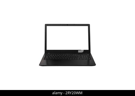 Thin laptop or notebook portable isolated, Black computer laptop on white background, white blank screen with copy space for text. Computer laptop tec Stock Photo