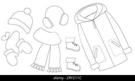 Warm knitted clothes set. Winter autumn accessories collection in doodle style. Hat, mittens, scarf isolated. Line hand drawn illustration for colorin Stock Vector