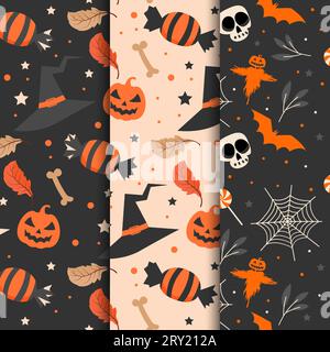 Halloween patterns collection with witch hat halloween candy and spiderwebs Stock Vector