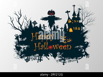 Halloween illustration with scary dark haunted house and scarecrow Stock Vector
