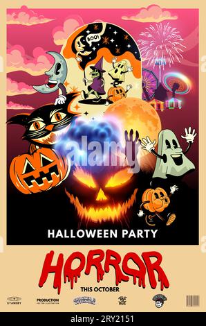 Happy halloween movie style poster background with spooky decorative design elements! Vector illustration Stock Vector