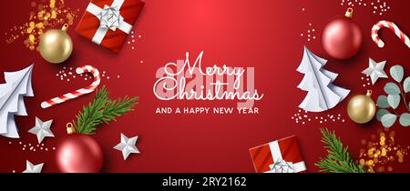 A Joyful seasonal Christmas events background banner with festive decorations. Vector illustration Stock Vector