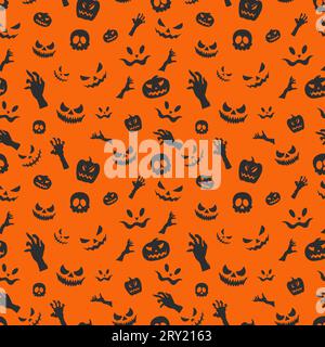 Halloween pattern with orange cute pumpkins flying bats skills and scary faces isolated on black background Stock Vector