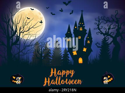 Happy halloween background with scary forest and haunted house Stock Vector