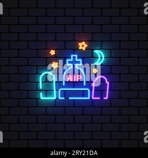 Retro cemetery icon neon on black background. Vector illustration Stock Vector
