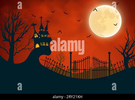 Halloween background illustration with old cemetery with spooky red foggy sky and haunted house Stock Vector