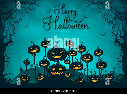 Halloween background with glowing pumpkins in a scary landscape and creepy dead leafless tree Stock Vector