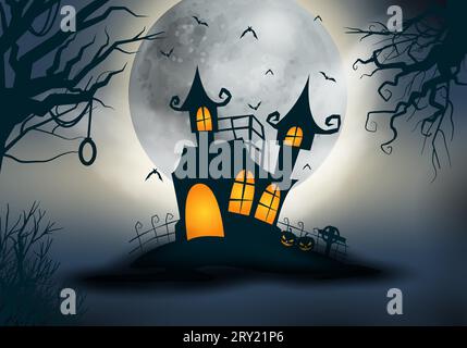 Halloween black and white background with spooky night and halloween haunted castle Stock Vector