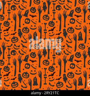 Happy halloween seamless pattern background design with pumpkins flying bats scary face ghost and skulls Stock Vector