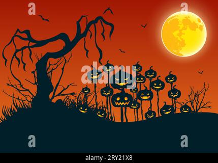 Happy halloween flat background with scary dead tree full moon and scary pumpkins Stock Vector