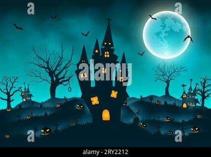 Halloween background with old cemetery gravestones spooky dark blue fog clouds dead tree and hunted house Stock Vector