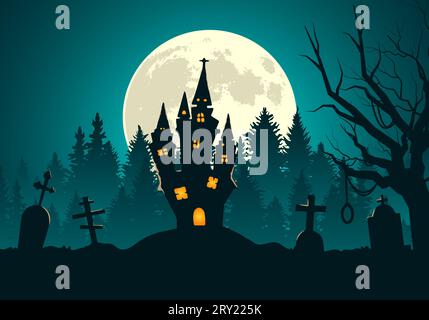 Happy halloween background with spooky scary forest at night tombstone and Scary castle Stock Vector