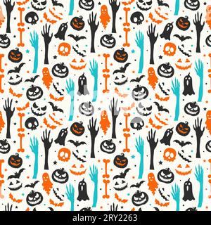 Halloween colorful seamless flat pattern with pumpkins flying bats scary face ghost and skulls Stock Vector