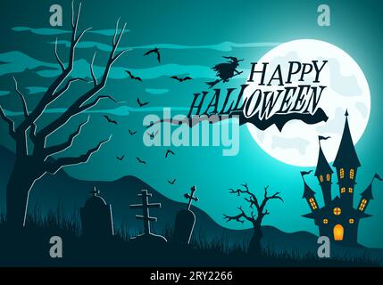 Happy halloween banner or party invitation Background illustration with landscape moon and hunted castle Stock Vector