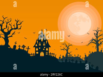 Halloween banner or invitation card background with creepy night landscape of old cemetery and bewitched house Stock Vector