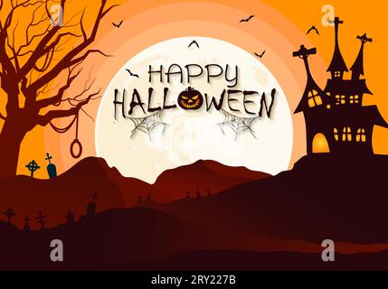 Happy halloween background illustration with big full moon and hill landscape with frightening bewitched house Stock Vector
