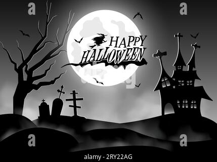 Halloween black and white background with glowing fog on landscape and halloween haunted castle with full moon Stock Vector