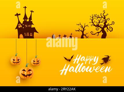 Happy halloween realistic background with hunted house pumpkins hand halloween trees isolated in yellow Stock Vector