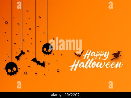 Happy halloween background with hanging halloween elements like pumpkins and skulls Stock Vector