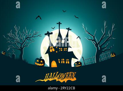 Halloween background flat illustration with silhouette of castle at glowing moon and dead trees Stock Vector