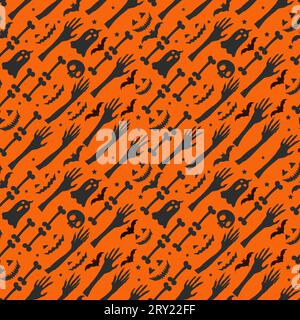 Happy halloween seamless pattern background design with pumpkins flying bats scary face ghost and skulls Stock Vector