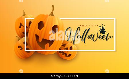 Gradient background illustration for halloween celebration with realistic pumpkin face Stock Vector