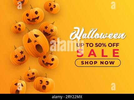 Realistic halloween horizontal sale promotion banner illustration with realistic pumpkins Stock Vector
