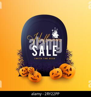 Halloween seasonal sale promotion card illustration with big tombstone and pumpkins on yellow background Stock Vector