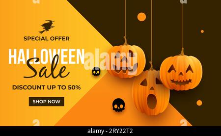 Sale banner for happy halloween with realistic pumpkins. Horizontal Sale banner background Stock Vector