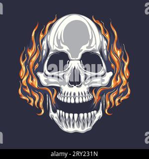 Colored Skull in tips of Flames isolated on Black Background. Vector illustration. Stock Vector