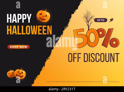 Happy halloween horizontal sale banner for promotion with realistic pumpkins and typography illustration on yellow black background Stock Vector