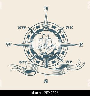 Vintage Navigation Compass with Sale Ship inside Wind Rose Travel Ocean Expedition Symbol Tattoo isolated vector illustration Stock Vector