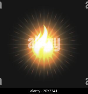 Realistic Fire Flame Glow Burning Emblem isolated on black background vector illustration. Stock Vector