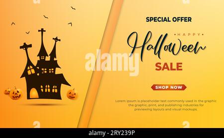 Halloween sale banner background with halloween haunted house and halloween typography Stock Vector
