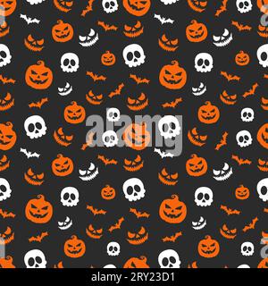 Halloween pattern with cute pumpkins flying bats skills and scary faces isolated on black background Stock Vector