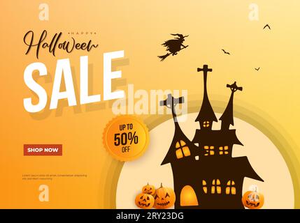 Happy halloween sale banner illustration with haunted castle and flying witch. Sale discount label Stock Vector