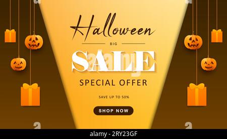 Halloween sale banner background concept with hanging halloween elements like pumpkins and gift box Stock Vector